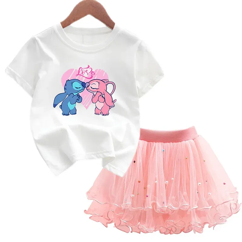 Color: Gold, Kid Size: 4 - 2pcs Lilo Stitch Summer Girls Outfits Cartoon T-shirt and Tutu Skirt Princess Clothes Suit Children Birthday Clothing Sets