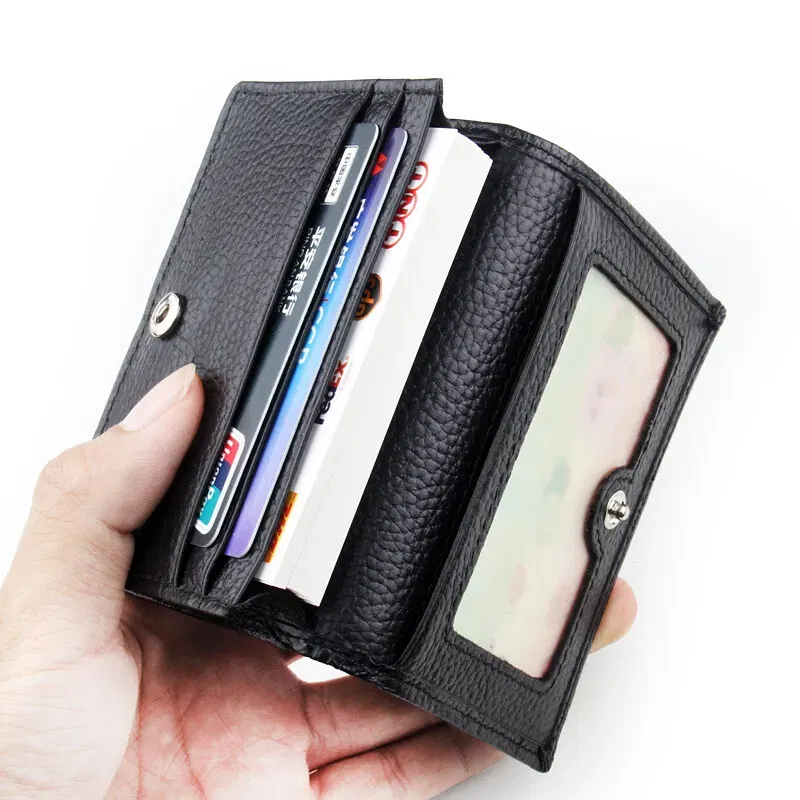 Color: wine red - NEW 2024 Genuine Leather Wallet Ultra-thin Fold Unisex Purse Credit Card ID VIP Bank Slim Bag Simple Business Card Holders