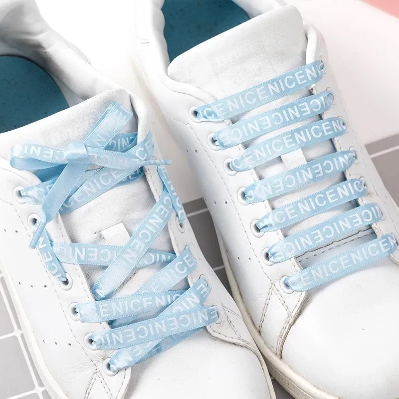 Color: WHITE, Length: 100cm, Ships From: CHINA - New 1 Pair Shoelaces Letter Print Flat Shoelaces 1CM Width Satin Silk Ribbon Sneakers Shoes Lace Casuals Canvas Shoelace Strings