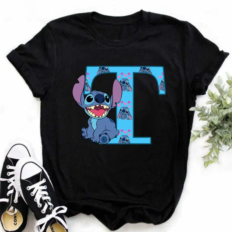 Color: Burgundy, Size: L - Disney Lilo&Stitch A-Z Alphabet Summer Women's Printed T-Shirt Women's Casual Tops T-Shirt Fashion Cartoon Plus Size T-Shirt