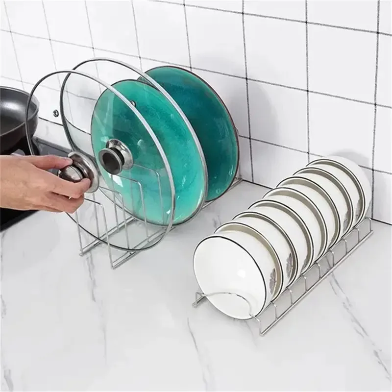 Color: DEEP BLUE - Kitchen Bowl Dish Organizer Stainless Steel Dish Holder Home Cutlery Dishes Pot Lid Rack Household Dish Rack Kitchen Accessories