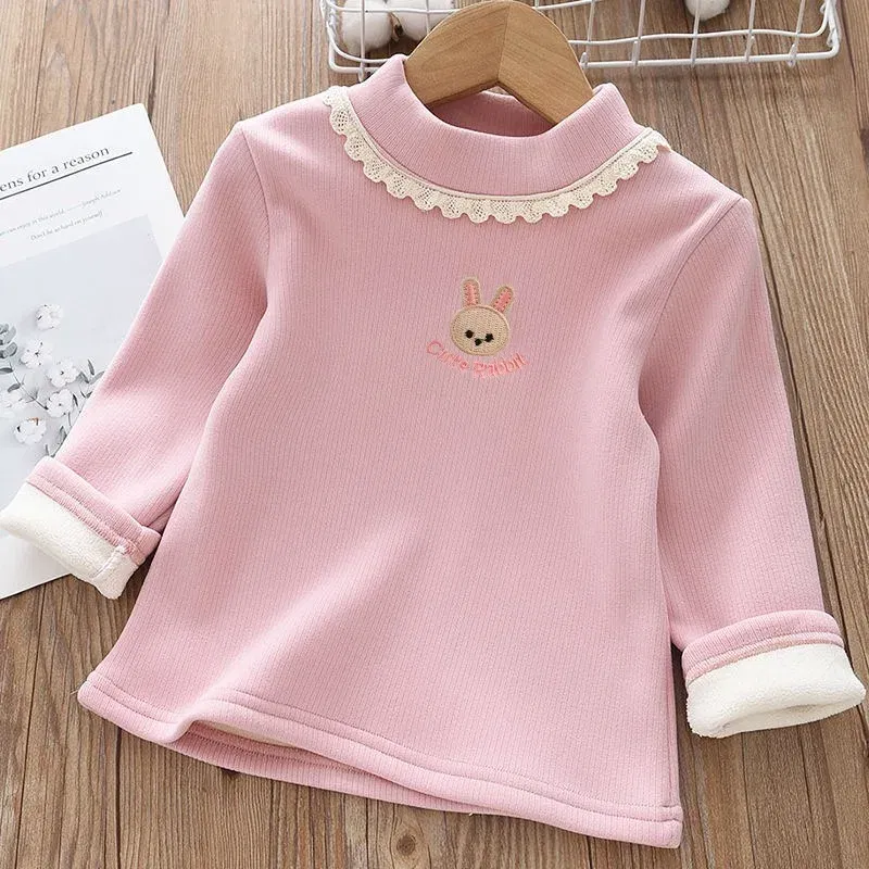 Color: Blue, Kid Size: 6 - 1pcs Children's T-Shirts Rabbit Embroidery Velvet warm top Kids Half High Collar Long Sleeve Base Shirt Girls Tshirts Clothes