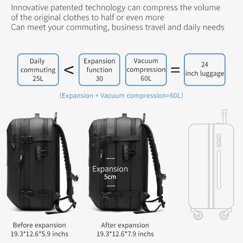 Color: Chocolate - Airback Vacuum Compression Backpack with Vacuum Pump 60L Expandable Travel Backpack for Men Women Airline Approved Business Bag