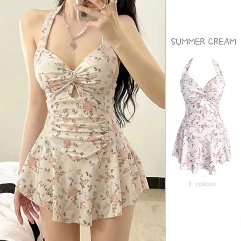 Color: GRAY, Size: XL - Women Korean Sexy One Piece Swimsuit Tummy Control Slimming High Waisted Bathing Suit Hot Spring Beachwear Elegant Swimsuit