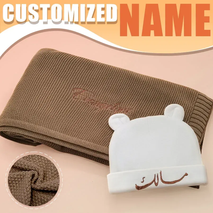 Color: Turquoise, Size: Option 2, Ships From: CN - Personalized Baby Name Newborn Cotton Beanie and Knitted Blanket Set Embroidered Name Covering and Cute Hat Gift Set