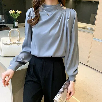 Color: SKY BLUE, Size: XXL, Ships From: CHINA - Spring Autumn Elegant Office Women Shirt Mujer Chic Satin Formal Lantern Sleeve Blouse Tops Loose Pullover Jumper Street Clothes