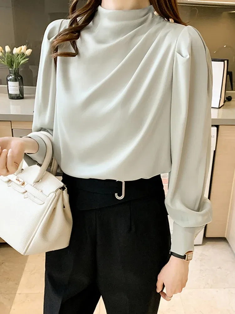 Color: SKY BLUE, Size: XXL, Ships From: CHINA - Spring Autumn Elegant Office Women Shirt Mujer Chic Satin Formal Lantern Sleeve Blouse Tops Loose Pullover Jumper Street Clothes