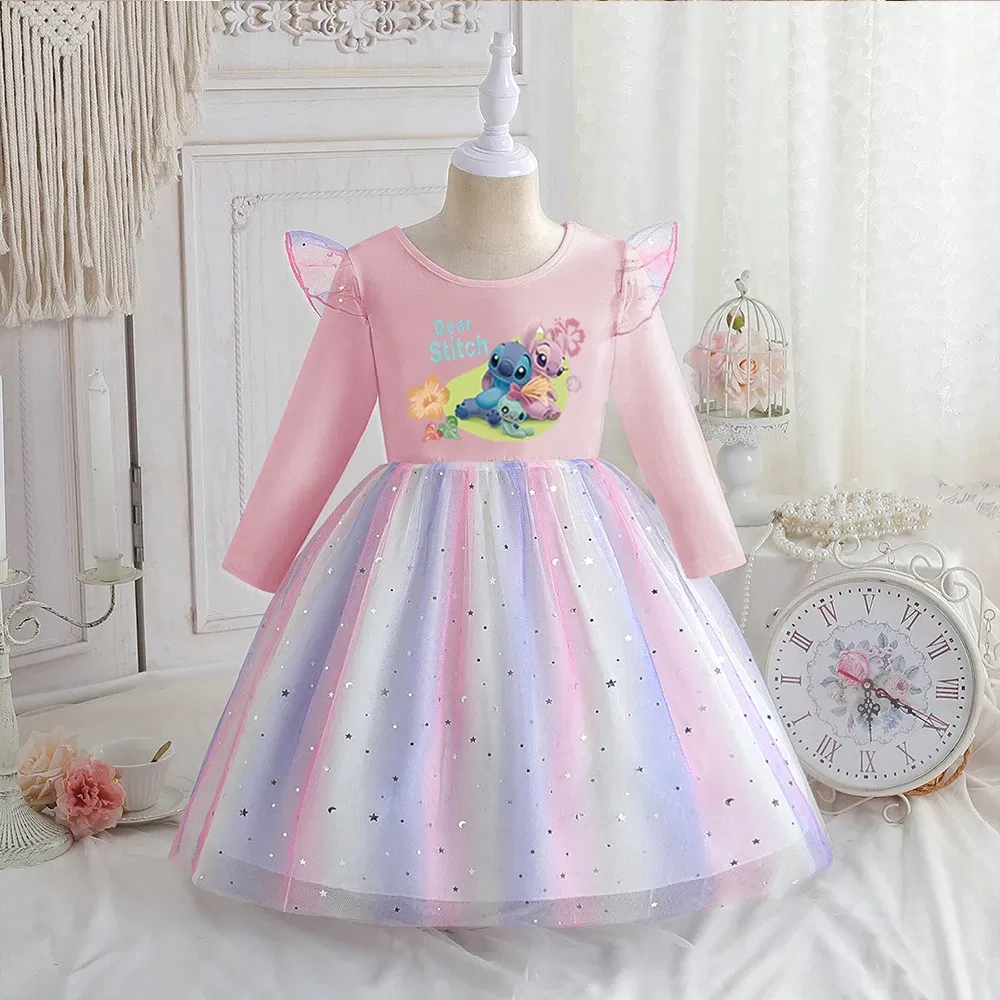 Color: Pink, Kid Size: 2T - Stitch Princess Dress Autumn New Disney Baby Girls Dress Spring Autumn Long-sleeved For Children Kids Clothes Birthday Party