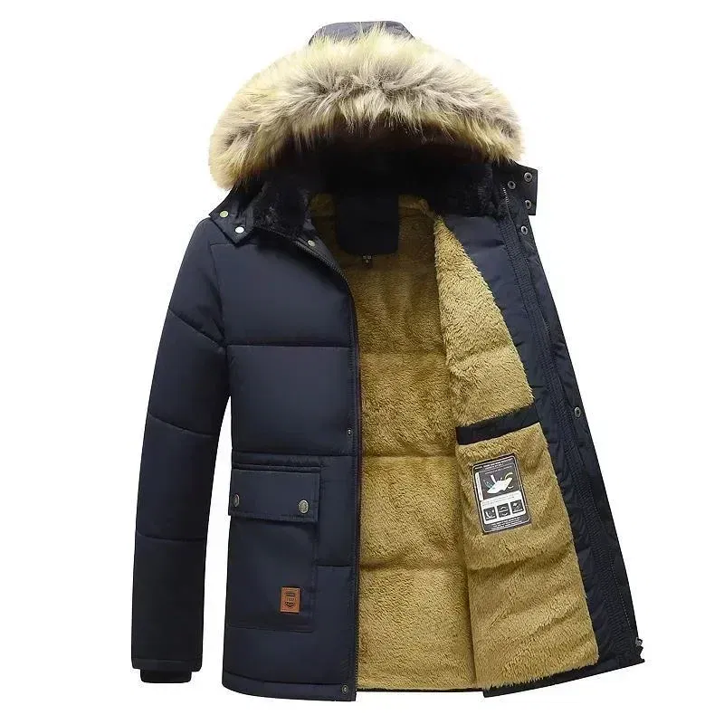 Color: black, Size: L - 2024 New Men Winter Autumn Work Outwearing Parka Black Fleece Lined Thick Warm Hooded Fur Collar Coat Male Size 5XL Plush Jacket