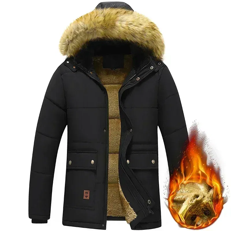 Color: black, Size: L - 2024 New Men Winter Autumn Work Outwearing Parka Black Fleece Lined Thick Warm Hooded Fur Collar Coat Male Size 5XL Plush Jacket