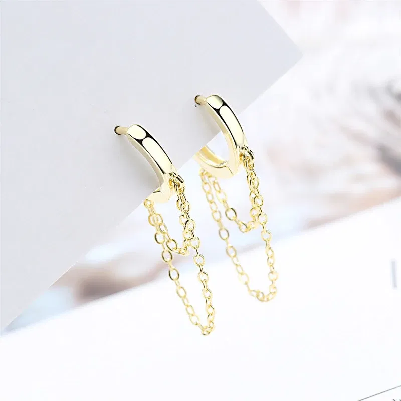 Metal Color: REDDISH BROWN - Silver Color Punk Style Double Layer Chain Hoop Earring For Women Gold Color Ear Jewelry 2022 New Earrings
