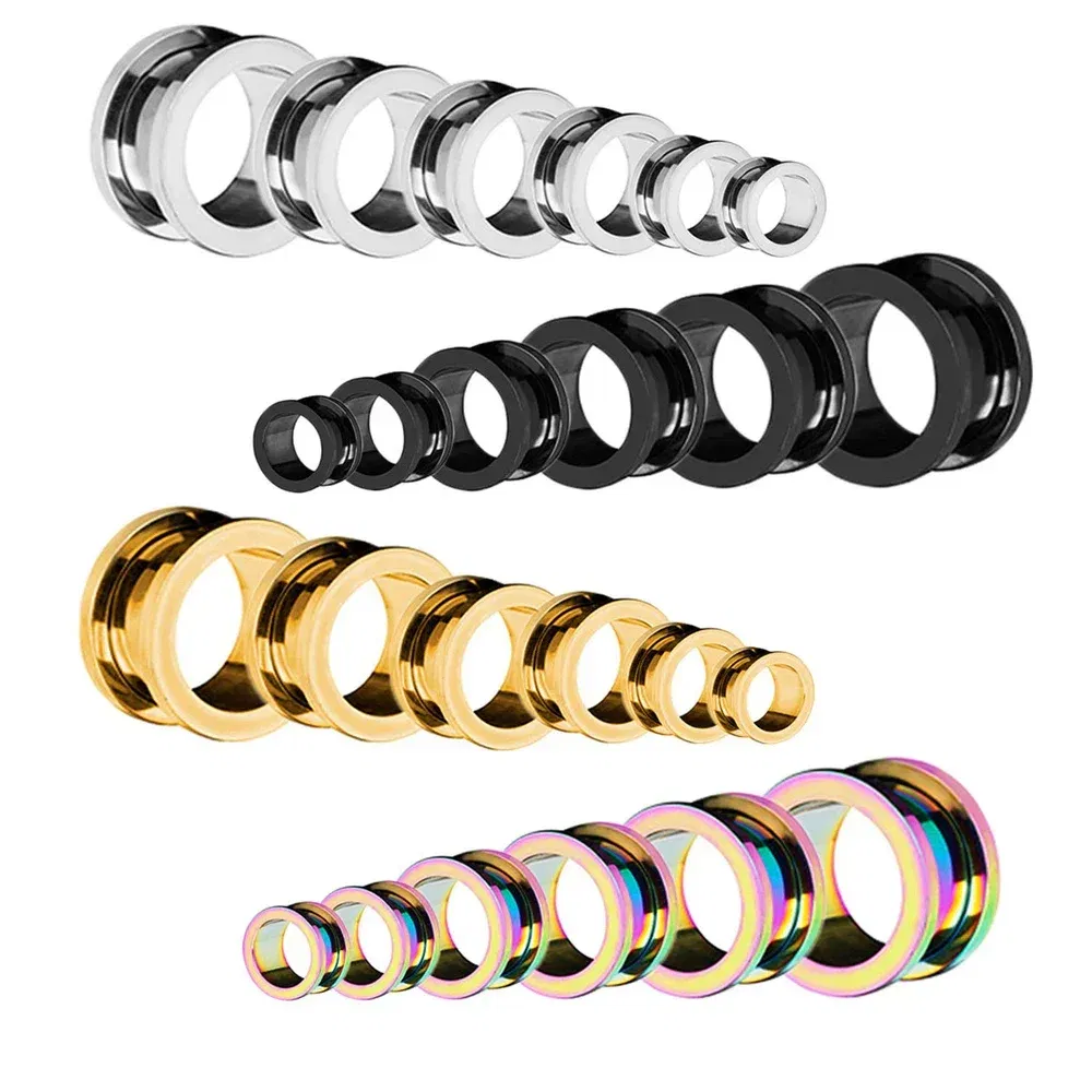 Metal color: Light Yellow Color, Main Stone Color: Blue - 2PCS Multi Color Steel Screw Fit Tunnel Ear Plug Stretcher Gauge 3-25mm Ear Lobe Tunnel Expander