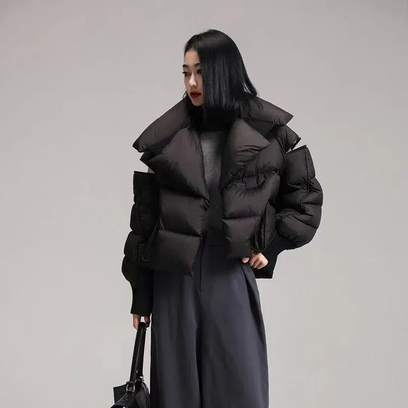 Color: green, Size: M - Overcoat 2025 New Fashion Women Down Jacket Winter White Duck Down High Quality Knitted Patchwork Lapel Women Down Jacket H132