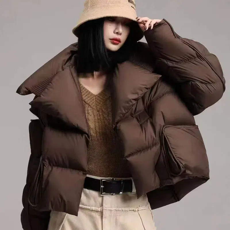 Color: green, Size: M - Overcoat 2025 New Fashion Women Down Jacket Winter White Duck Down High Quality Knitted Patchwork Lapel Women Down Jacket H132