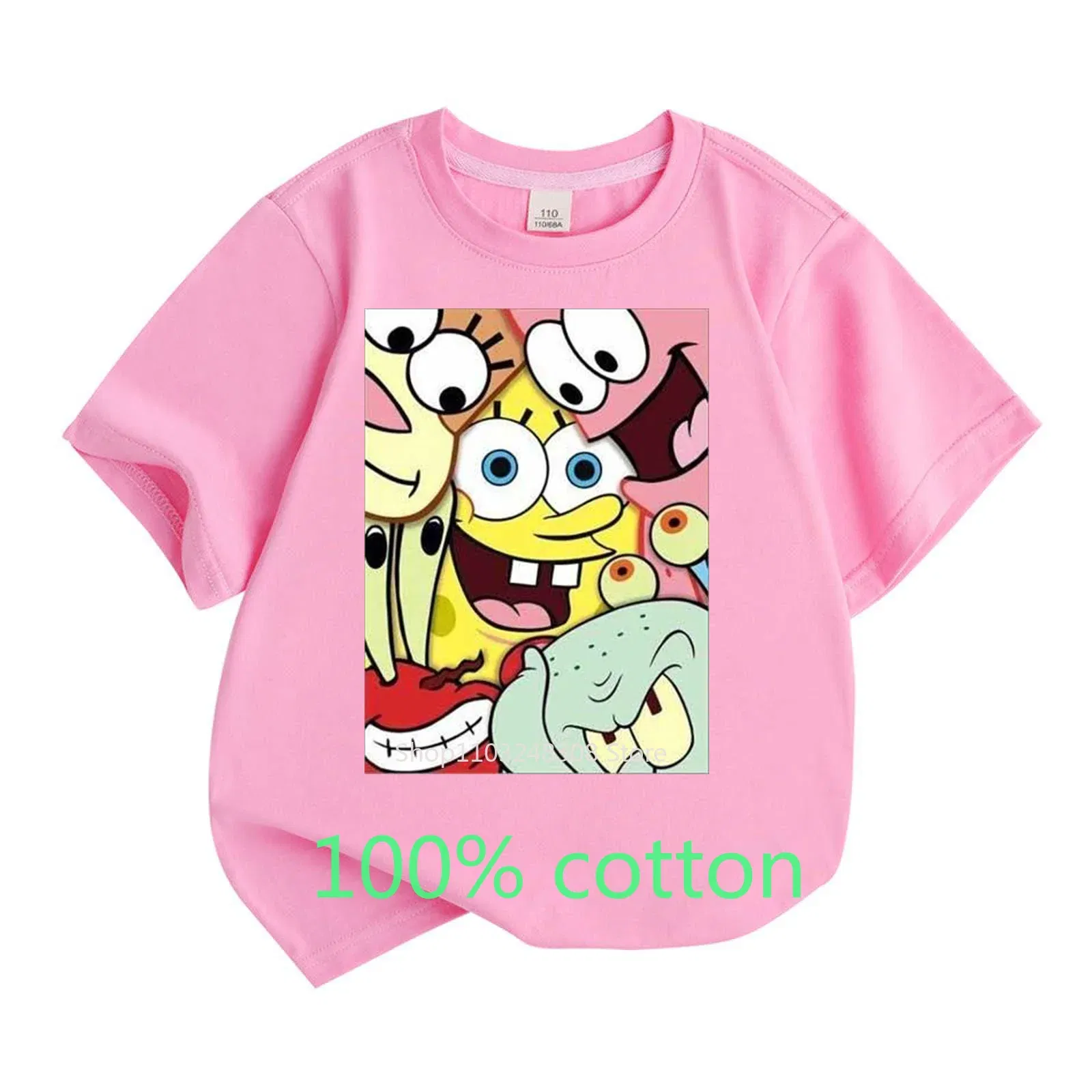 Color: Khaki, Kid Size: 13T - Mr. Krabs Squidward Sandy Spongebob T-shirt 100%Cotton Children Round Neck Short-sleeved Boys Girls Fashion Kids Clothes