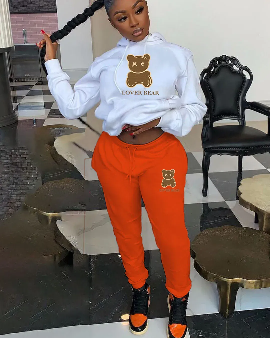 Color: Silver, Size: L - 2 Piece Set Women Outfit Letter Bear Print Hooded Neck Hoodies Sweatshirt Pants Tracksuit 2024 Plus Size Streetwear Casual Suit