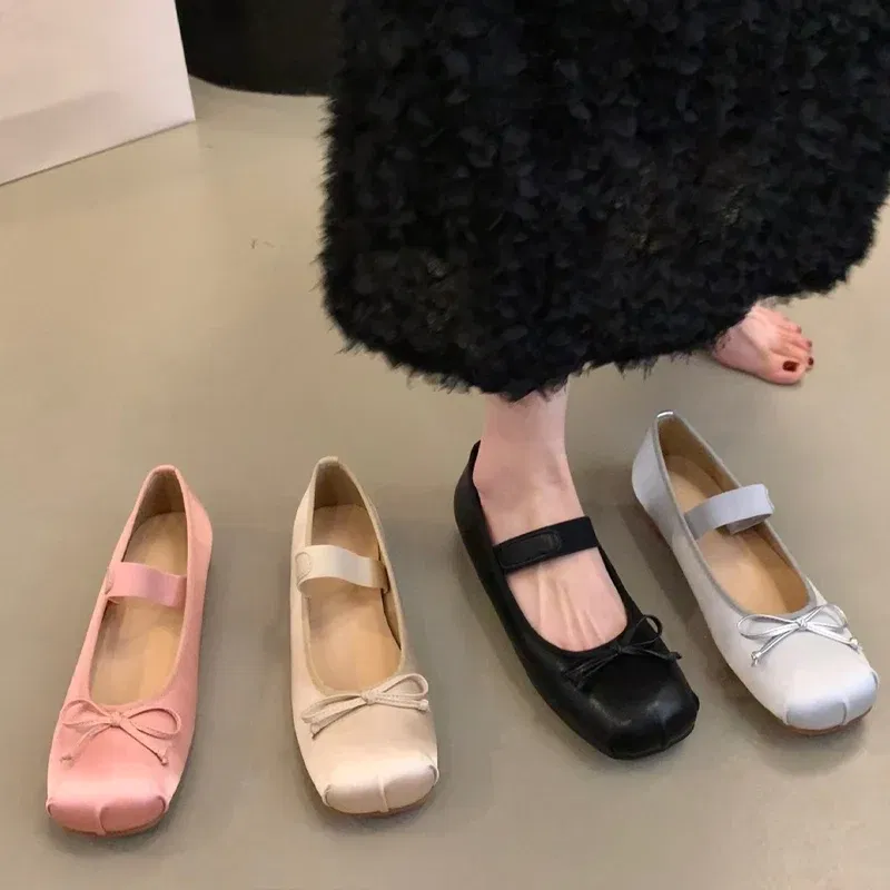 Color: Beige, Shoe Size: 37 - 2023Luxury Satin Silk Ballet Shoes Woman Classic Square Toe Bowtie Elastic Band Ballerina Flats Ladies Soft Loafers