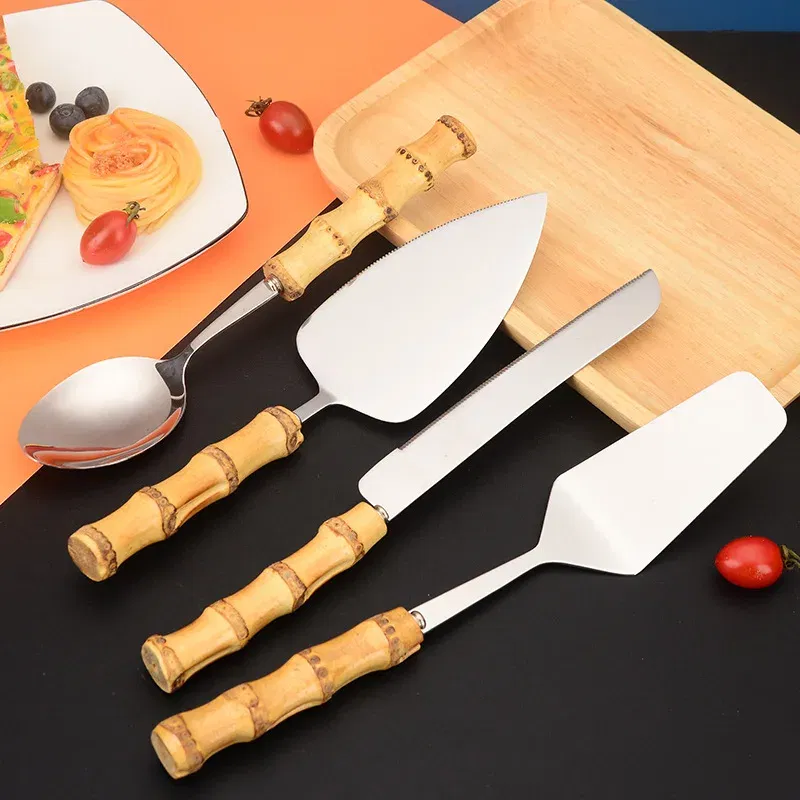 Color: light green - Nature Bamboo Pizza Cake Shovel Triangular Spatula Set Steel Stainless Cheese Slicer Cutter Knife,Butter Knife