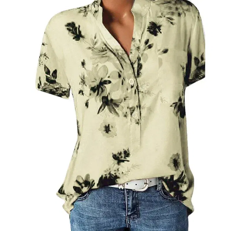 Color: Khaki, Size: XXXL - Temperament new women's shirt printing large size casual shirt loose V-neck short-sleeved shirt blouse