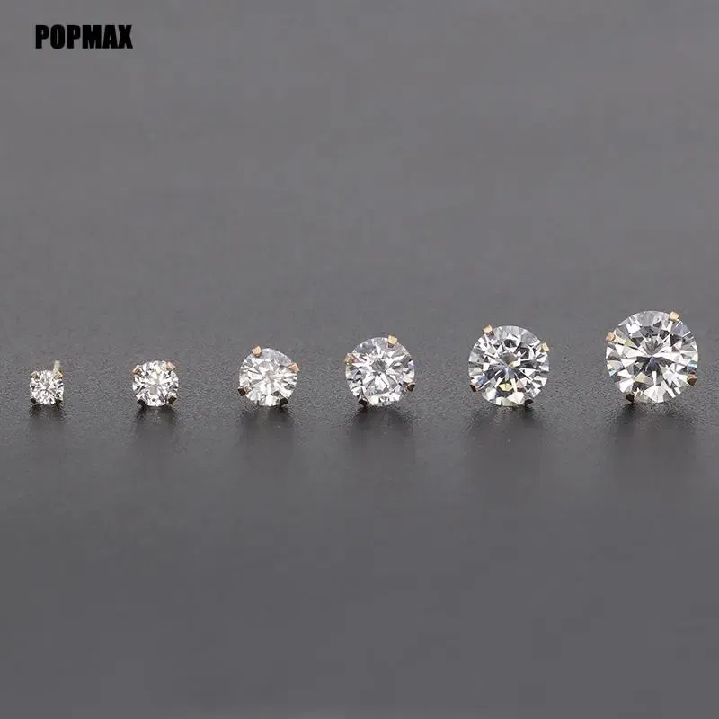 Metal Color: SILVER PLATED, Main Stone Color: WHITE - POPMAX 1Pairs/2Pcs Stainless Steel Crystal Studs Earrings For Women Men 4 Prong Tragus Round Clear Cubic Zirconia Ear Jewelry