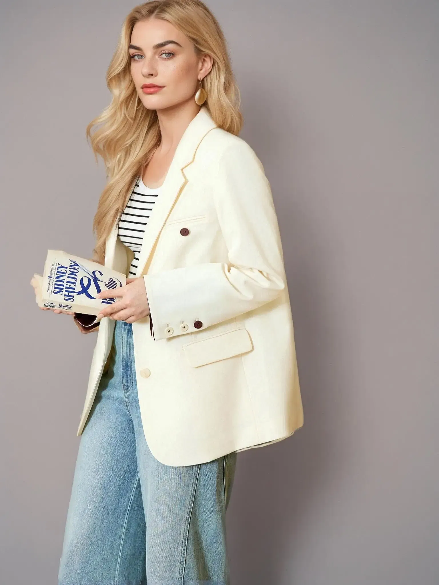 Color: Beige, Size: XXL - DUSHU Plus Gray Blazer Jacket For Women 2025 Spring New Design Elegant Style Commuter Coat Chic Outwear Office Lady 25DS81036