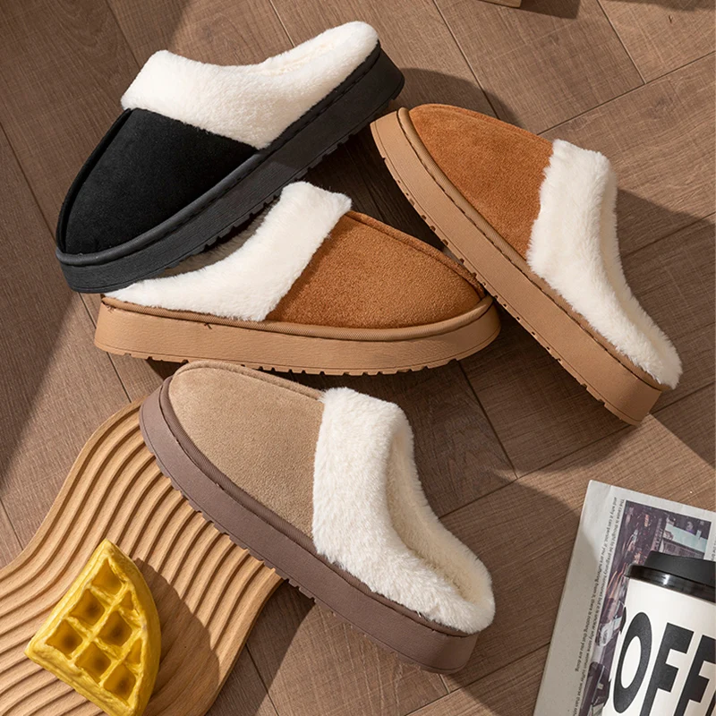 Color: GRAY, Shoe Size: 36-37 - New Fluffy Home Warm Slippers Women Soft Sole Bedroom Plush Lined Winter Shoes Woman Comfortable Non Slip Faux Fur Slippers 2024