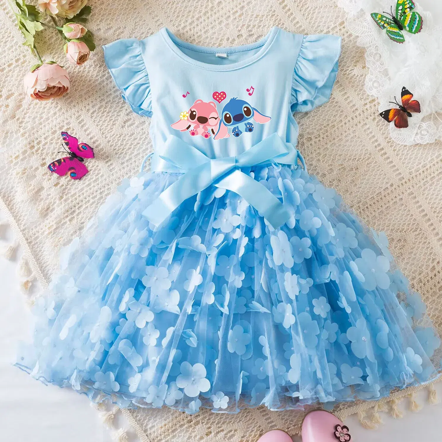 Color: Silver, Size: XL - 3D Butterfly Cute Lilo Stitch Summer Dress for Kid's Casual Clothes Baby Girls Beautiful Princess Dress Party Dresses 2-6 Yrs