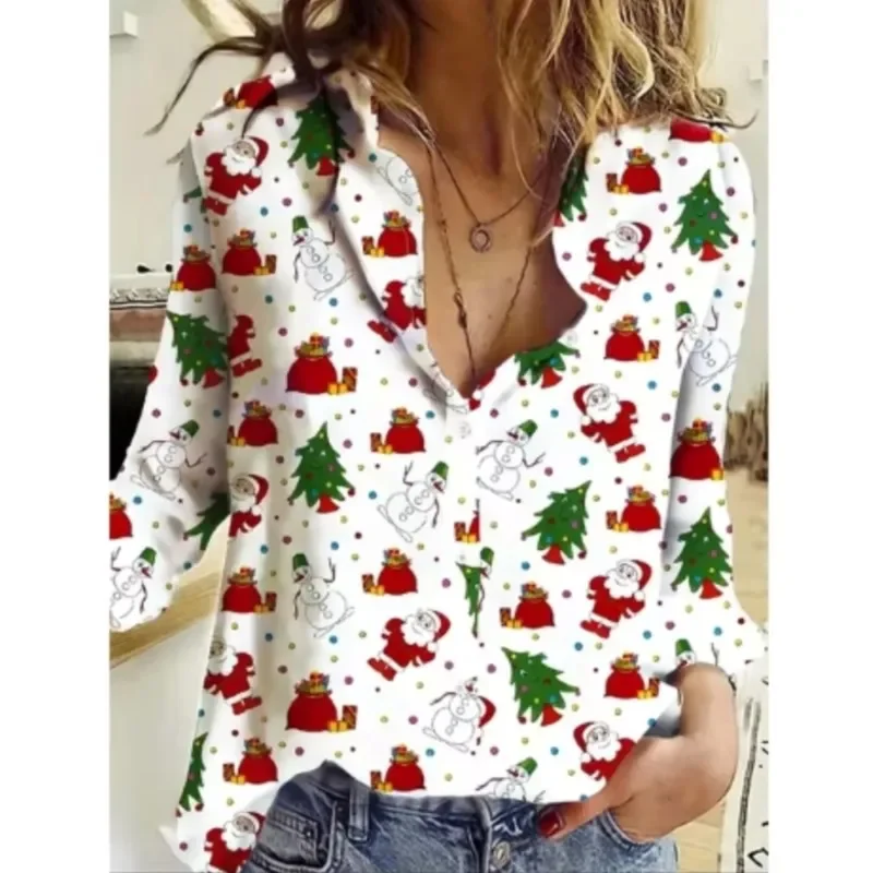 Color: Khaki, Size: 4XL, Ships From: CHINA - Women New Christmas Shirt Cute Christmas Tree Santa Claus Print Blouses Casual Long Sleeve Button Tops Autumn Blouses Ladies