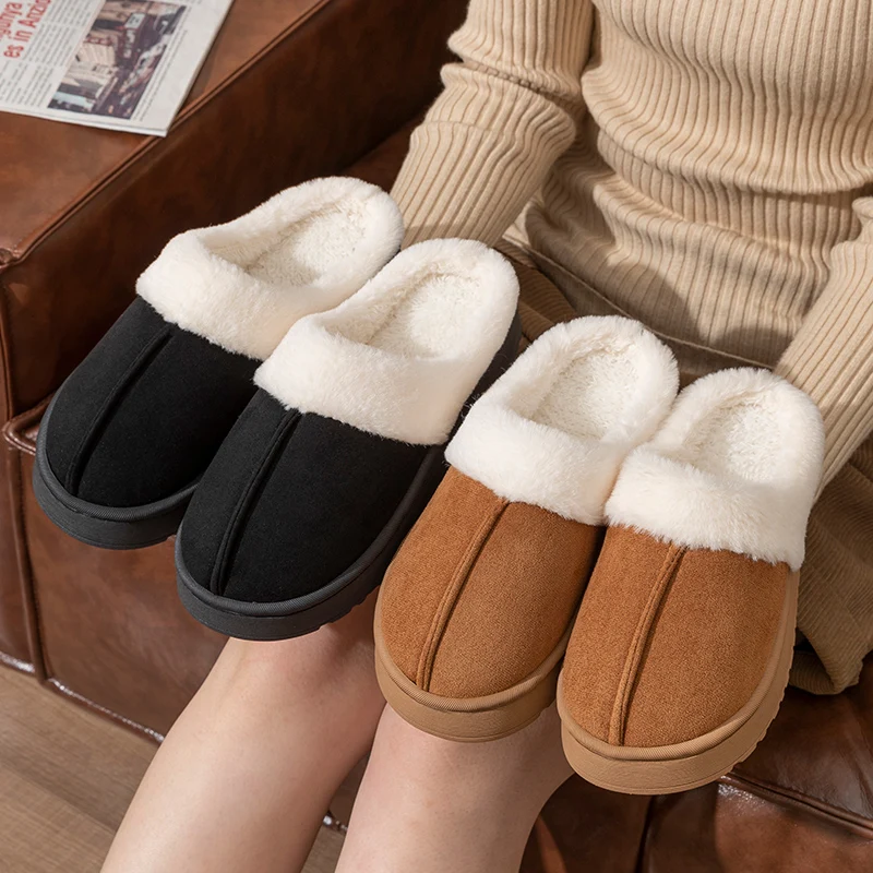 Color: Brown, Shoe Size: 38-39 - New Fluffy Home Warm Slippers Women Soft Sole Bedroom Plush Lined Winter Shoes Woman Comfortable Non Slip Faux Fur Slippers 2024