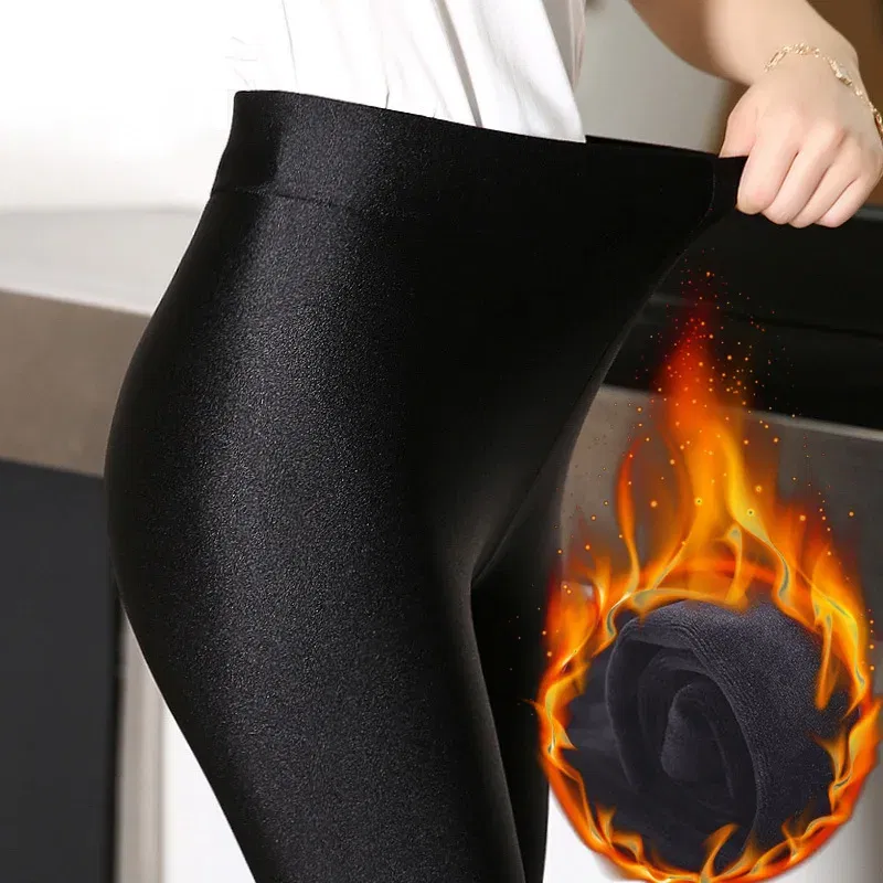 Color: black, Size: S - 6XL Large Size Women's Leggings Winter Thermal Tights Thin Fleece High Waist Sexy Slim Elastic Pants Female Luster Leggings