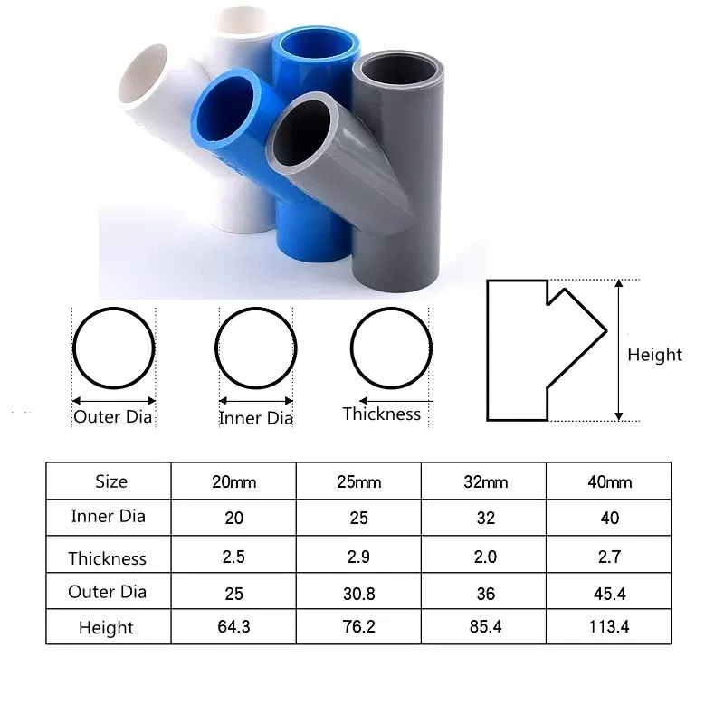 Color: grey, Diameter: 5/8'' - 1~10PCS I.D 20/25/32/40mm  PVC Oblique Tee 45 Degree Connector Garden Irrigation Aquarium Fish Tank Watering Fittings Joint
