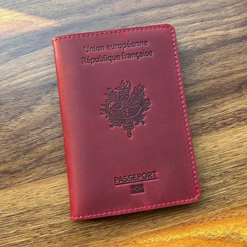 Color: Red - Francais Passport Cover Genuine Leather with Original French Logo | 100% Real Leather Travel Document Holder for Men Women Gift