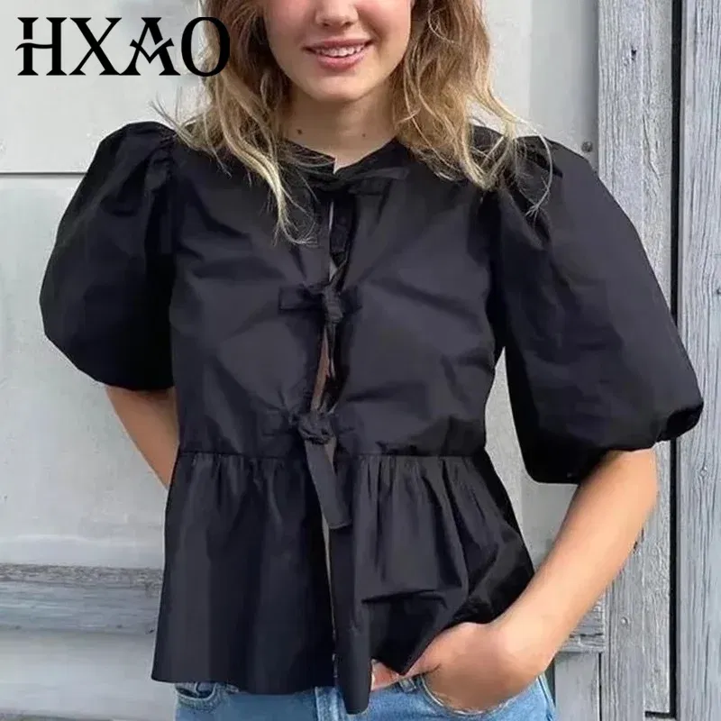 Color: black, Size: S - HXAO Woman 2024 Blouse Puff Sleeve Cropped White Blouse For Women Pleated Cut Out Black Blouse With Tied Leopard Print Top
