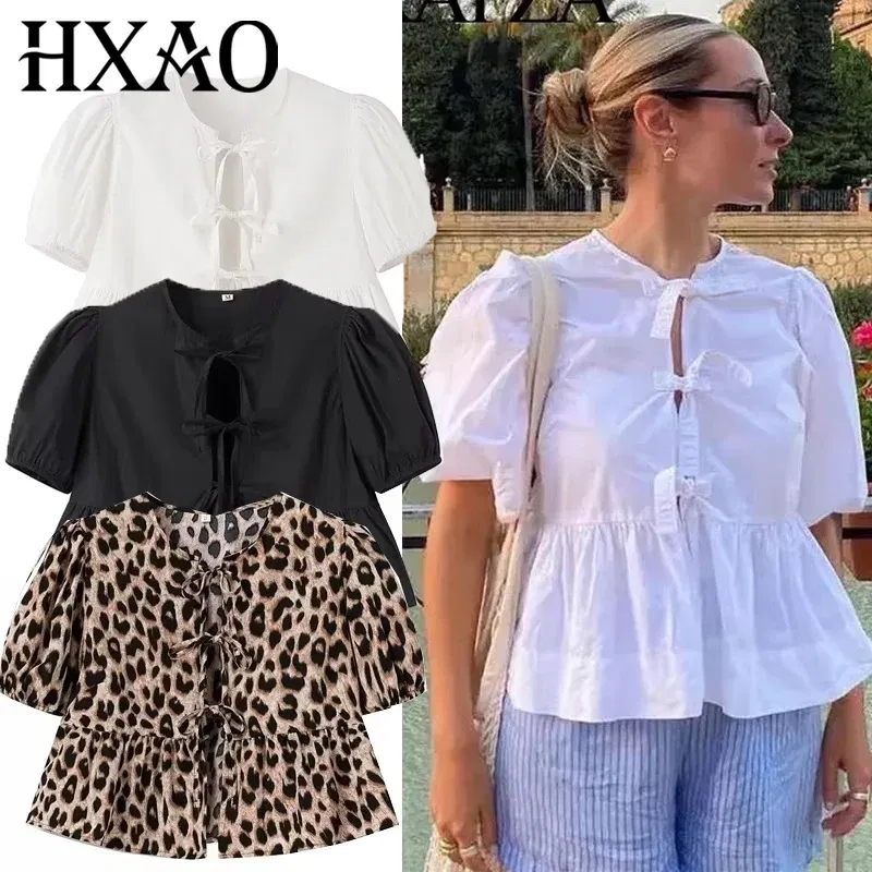 Color: black, Size: S - HXAO Woman 2024 Blouse Puff Sleeve Cropped White Blouse For Women Pleated Cut Out Black Blouse With Tied Leopard Print Top