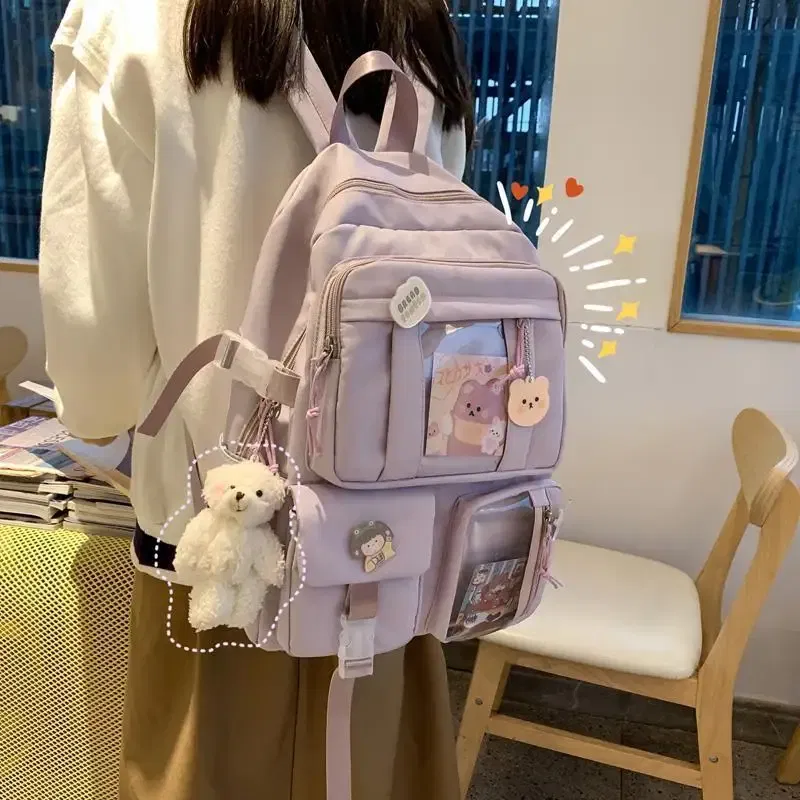 Color: Beige, Size: 16 inches - Large-capacity Cute Women Multi-Pocket Nylon Backpack Ins Junior High School Student School Bag Female Girl Backpack Laptop Book