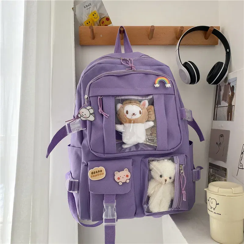 Color: Beige, Size: 16 inches - Large-capacity Cute Women Multi-Pocket Nylon Backpack Ins Junior High School Student School Bag Female Girl Backpack Laptop Book