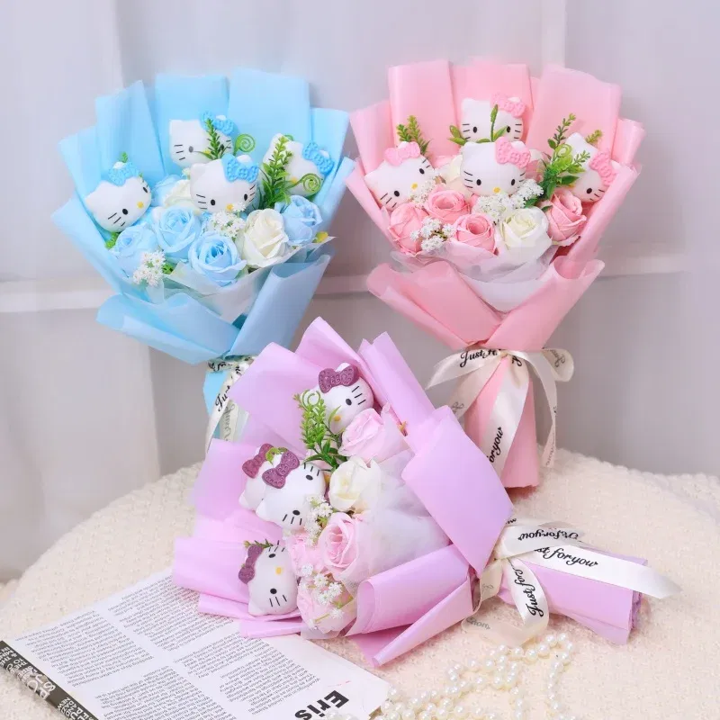 Color: plum - Kawaii Hello Kitty Cat Dolls With Artificial Flowers Creative Bouquet Christmas Valentine Birthday Graduation Gifts