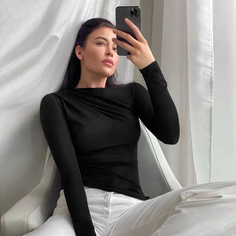Color: black, Size: L - Long Sleeve Top White T-Shirts Women Basic Crop Top Autumn Pollover Solid Skew Neck T Shirt Streetwear Basic Black Y2K Tees