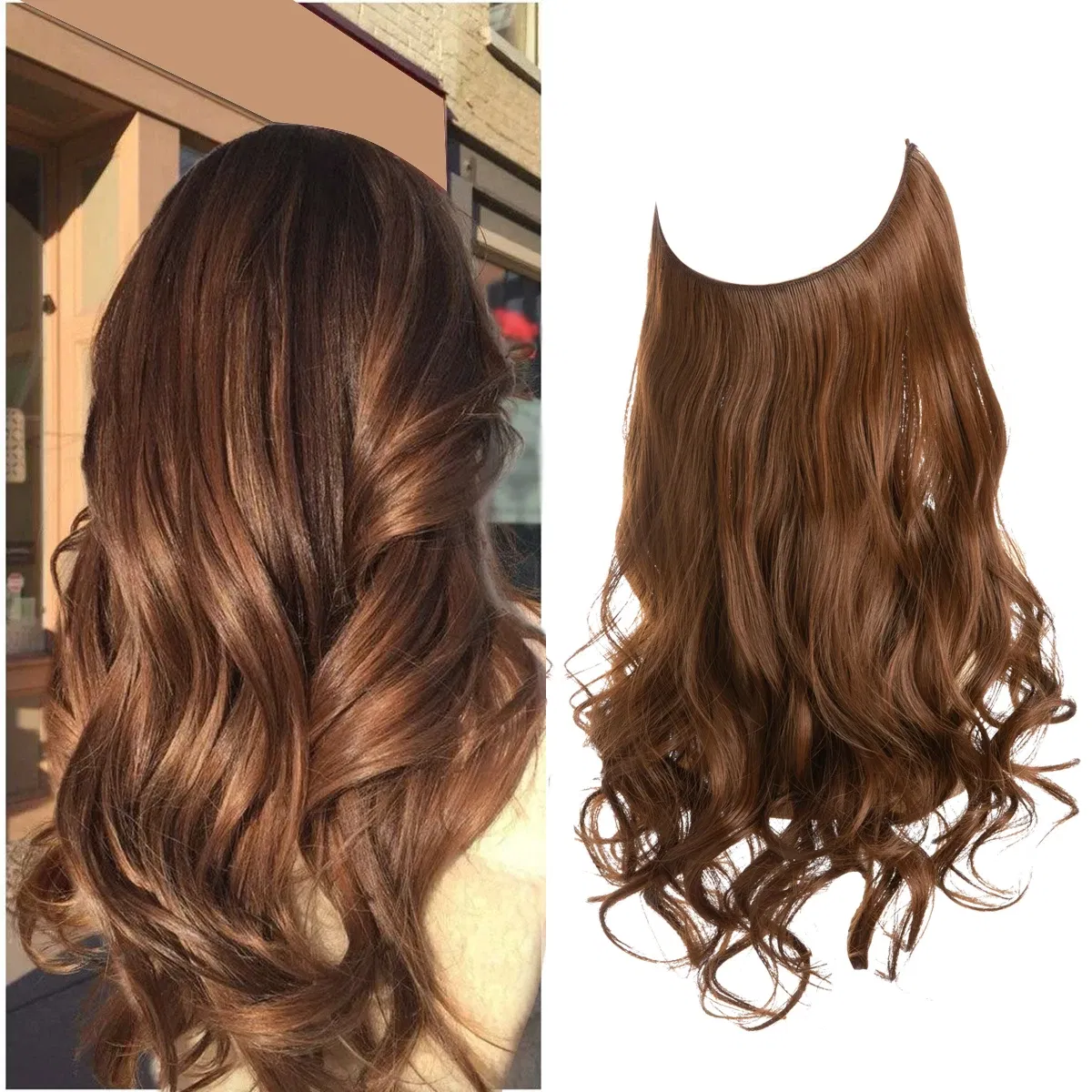 Color: T1B/27, Stretched Length: 14inches - Synthetic No Clip Wave Hair Extensions Ombre Natural Black Blonde Pink One Piece False Hairpiece Fish Line Fake Hair Piece