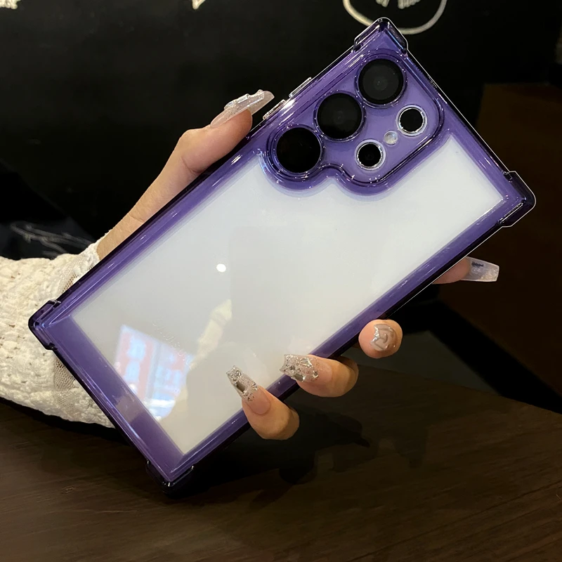 Color: PURPLE, Material: Microfiber - Luxury Shockproof Clear Acrylic Case For Samsung Galaxy S24 S23 FE S22 Plus S24 Ultra A34 A54 A15 A25 A35 A55 A53 5G Hard Cover