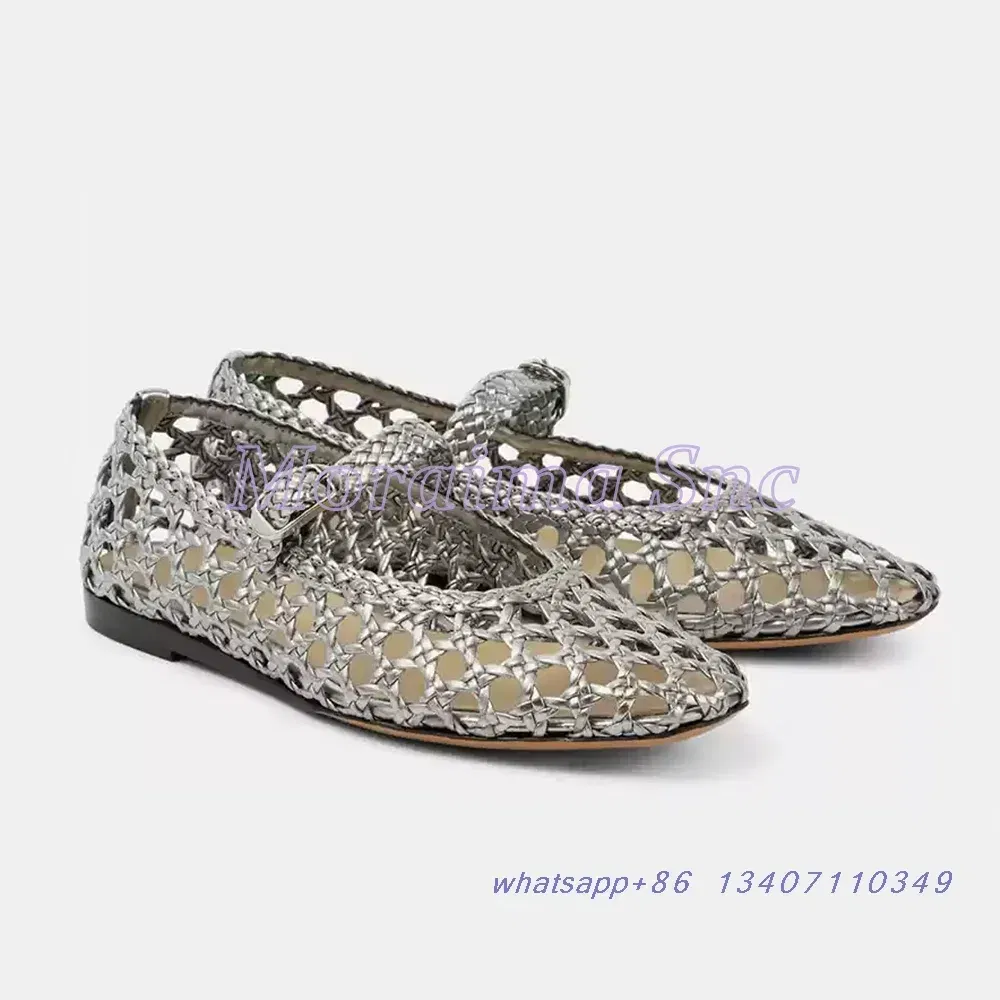 Color: Silver, Shoe Size: 39 - Hollow Woven Leather Ballet Shoes Flat With Round Toe Ankle Buckle Strap Fashion Shallow Women Shoes Mary Janes Summer New 2025