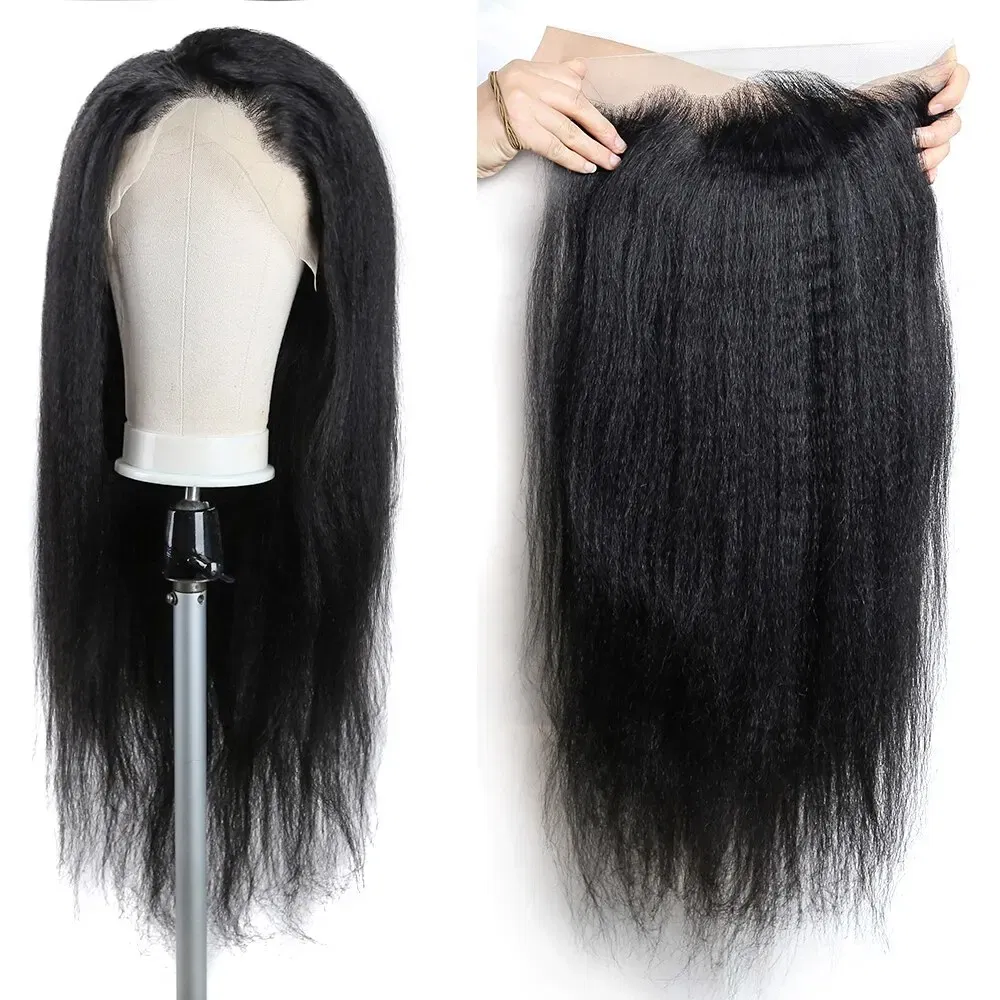 Color: Natural Color, Stretched Length: 20inches - Kinky Straight 13x4 Transparent Lace Front Wigs Human Hair 180% Density Pre Plucked Yaki Straight Human Hair Natural Color
