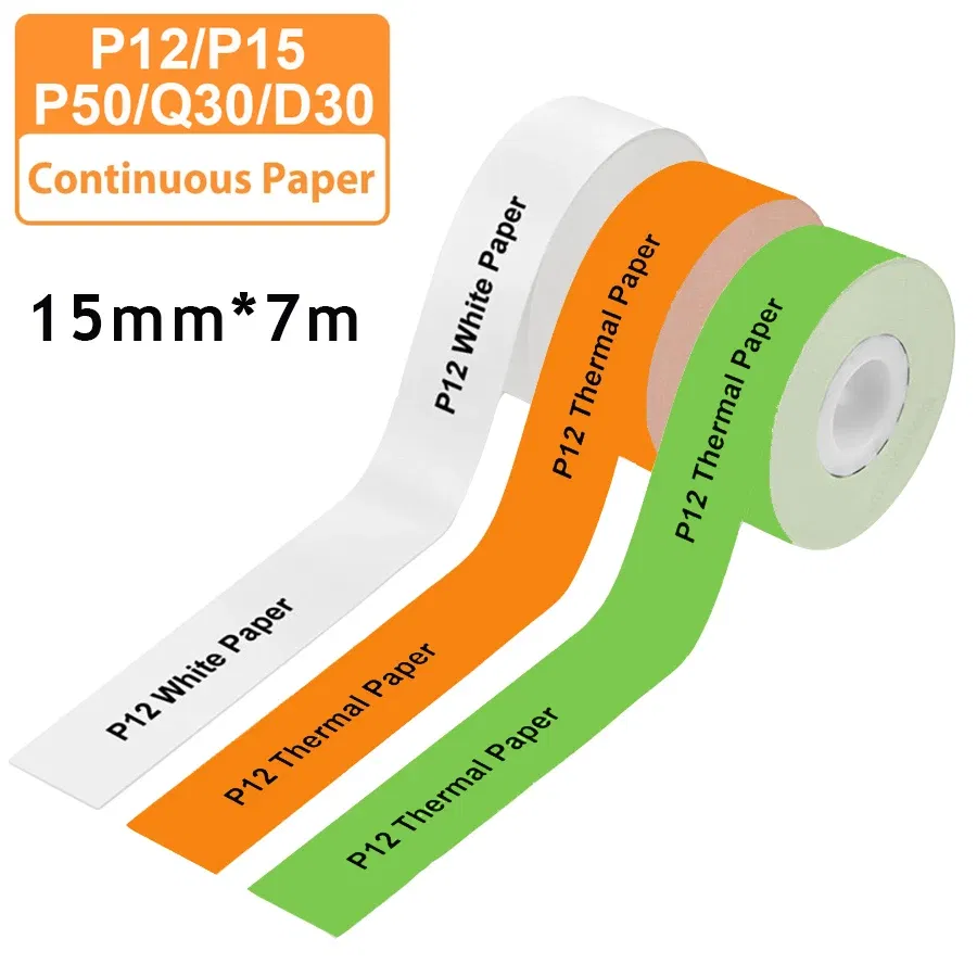 Color: BK - 3pcs 15mm x7m Continuous Label Paper fit for P12 P15 Phomemo D30 Q30 Printer Waterproof Self Adhesive Thermal Printer Sticker