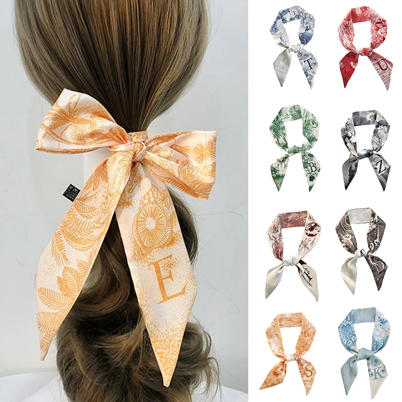 Color: WHITE - Sketch Style 26 Letters Temperament Small Scarf Long Silk Scarf Hair Band Narrow Headband Hair Tie Bag Handle Hair Accessories