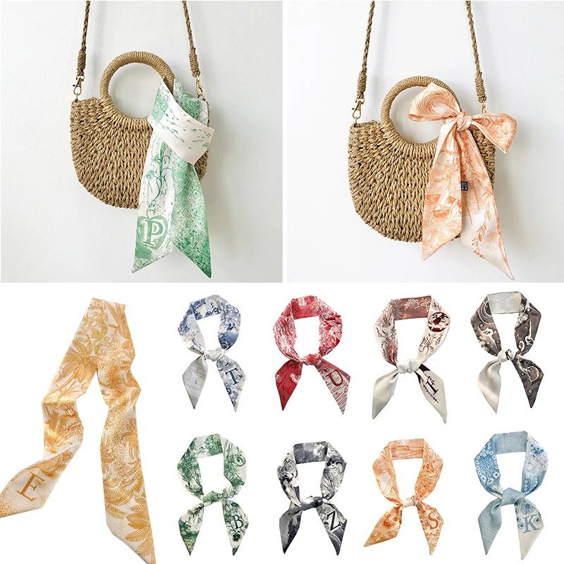 Color: WHITE - Sketch Style 26 Letters Temperament Small Scarf Long Silk Scarf Hair Band Narrow Headband Hair Tie Bag Handle Hair Accessories