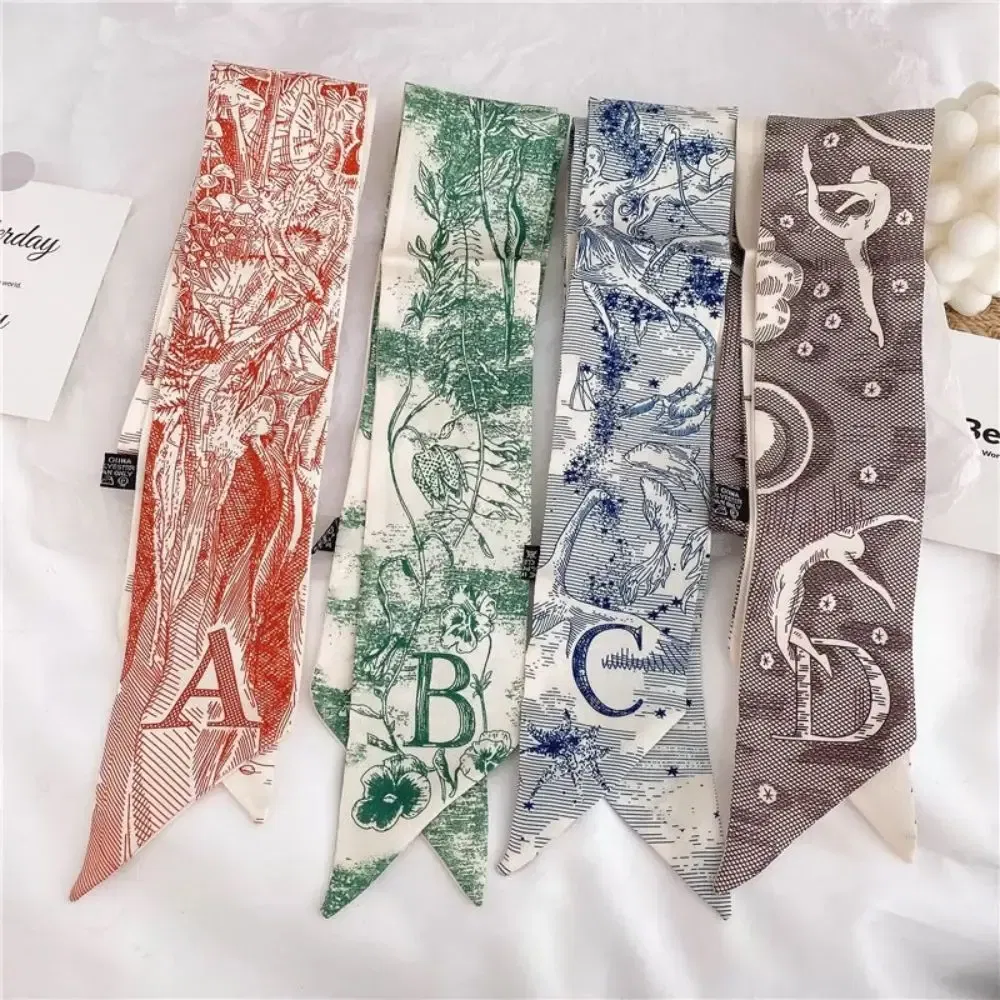 Color: WHITE - Sketch Style 26 Letters Temperament Small Scarf Long Silk Scarf Hair Band Narrow Headband Hair Tie Bag Handle Hair Accessories