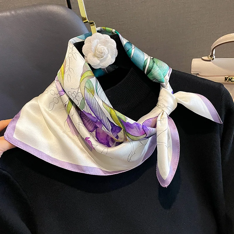Luxury Brand 100% Silk Satin Scarf Women Handkerchief Bag Scarfs Female Square Head Bandana Small Neck Scarves For Ladies 2024