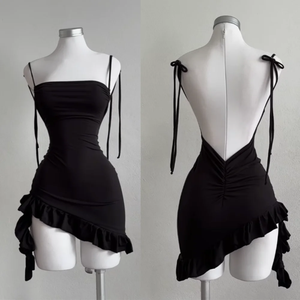 Color: black, Size: XL - 2025 popular European and American new dress with summer high-end feel Y2K sexy backless lace up spicy girl's hip hugging skirt