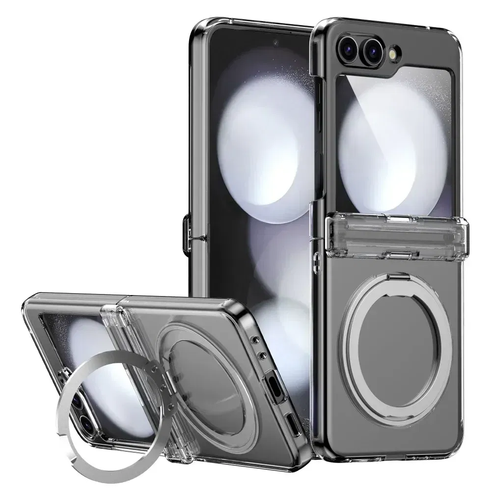 Color: Clear, Material: CANVAS - For Samsung Galaxy Z Flip 3 5 4 6 Magsafe Case Wireless Charging Hinge All-inclusive Flip Shockproof Hard Magnetic Holder Cover