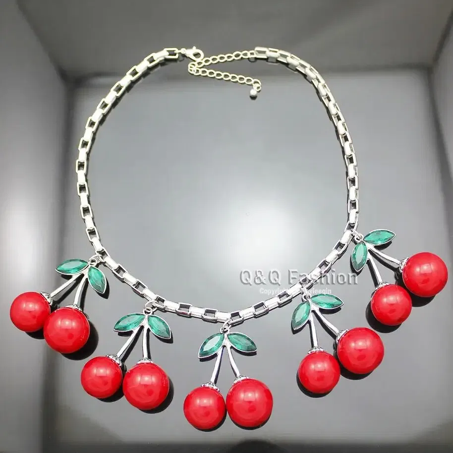 Metal Color: Light Yellow Color - Statement 10 Big Red Cherry Pendant Chain Crystal Choker Sweet Collar Bib Necklace Fashion Personality Party Jewelry Gifts